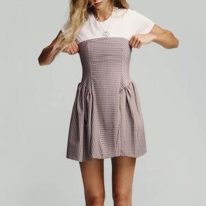 NWT Zara Corset Gingham Plaid Strapless Pleated Mini Dress in Pink - L
